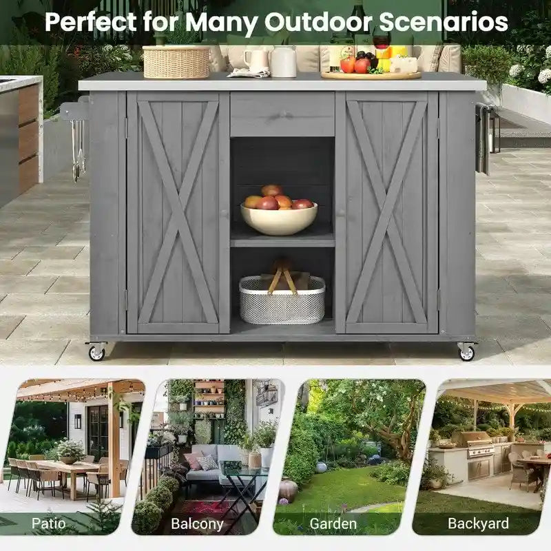 52.25 Outdoor Kitchen Island with Stainless Steel Top, Ample Storage Space, Towel and Spice Racks and a Bottle Opener