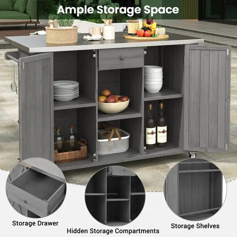 52.25 Outdoor Kitchen Island with Stainless Steel Top, Ample Storage Space, Towel and Spice Racks and a Bottle Opener