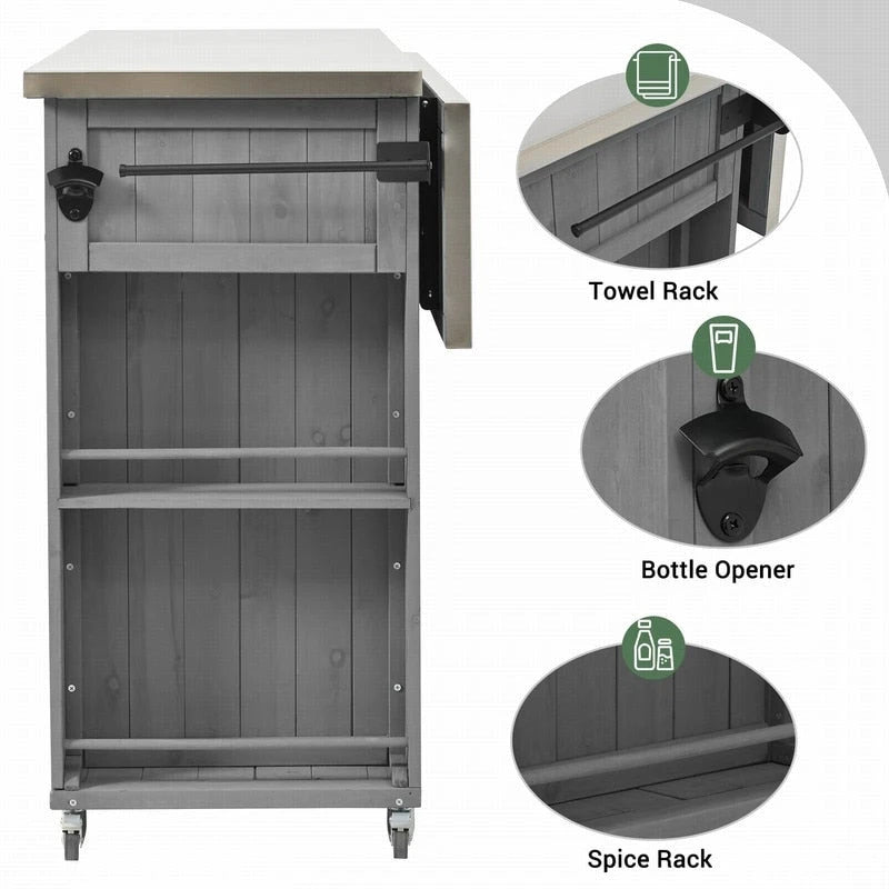 52.25 Outdoor Kitchen Island with Stainless Steel Top, Ample Storage Space, Towel and Spice Racks and a Bottle Opener
