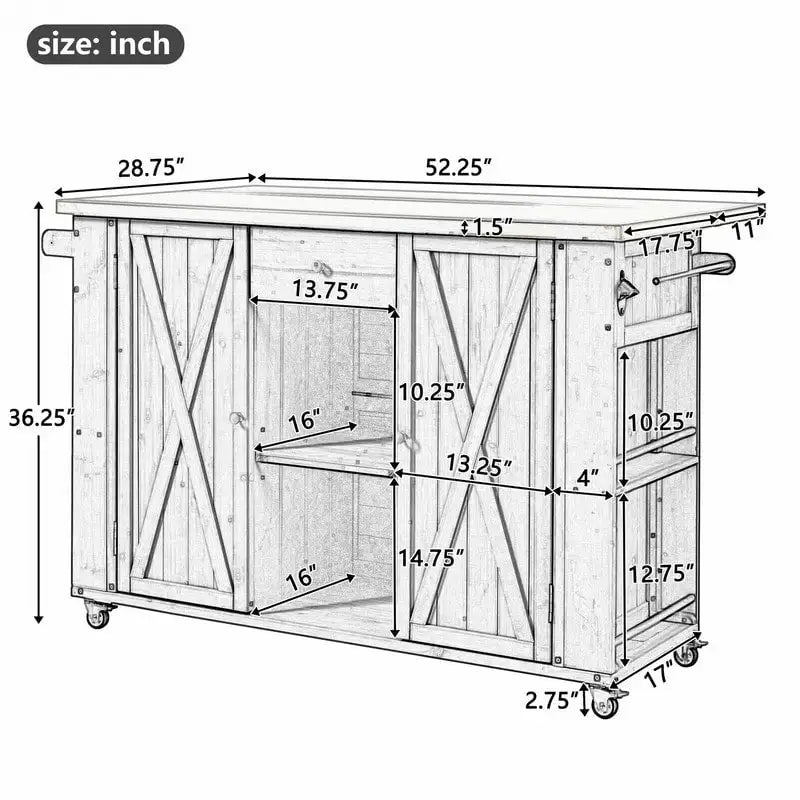 52.25 Outdoor Kitchen Island with Stainless Steel Top, Ample Storage Space, Towel and Spice Racks and a Bottle Opener
