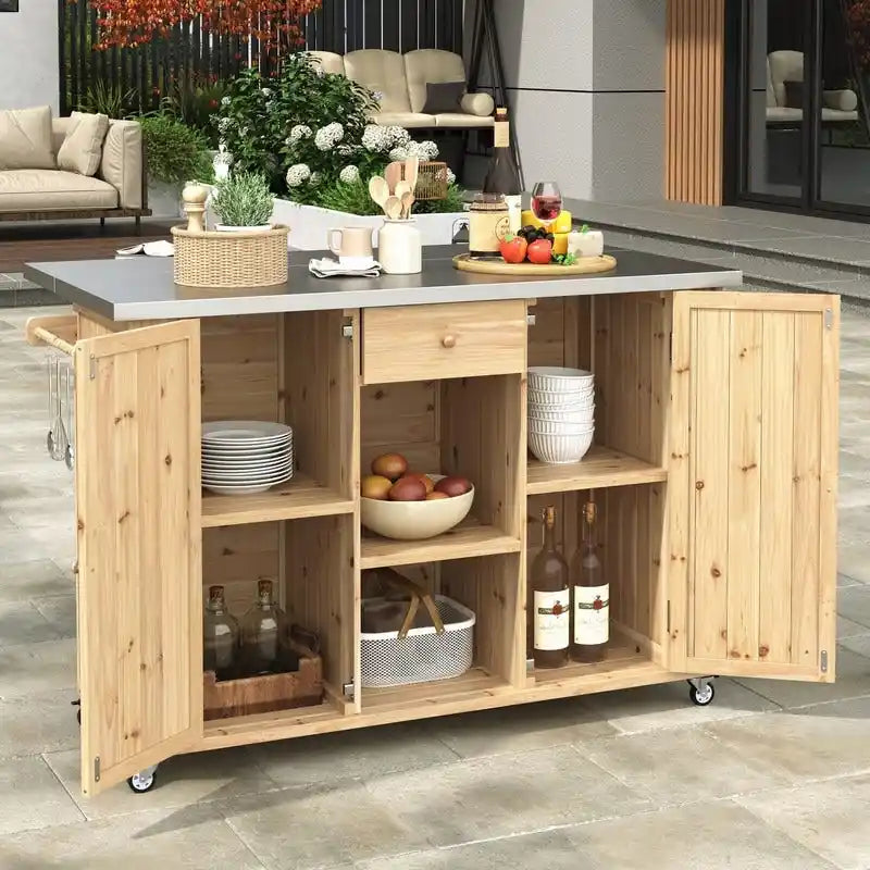 52.25 Outdoor Kitchen Island with Stainless Steel Top, Ample Storage Space, Towel and Spice Racks and a Bottle Opener