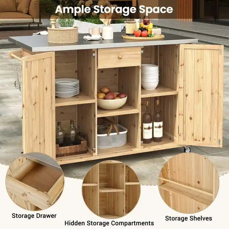 52.25 Outdoor Kitchen Island with Stainless Steel Top, Ample Storage Space, Towel and Spice Racks and a Bottle Opener