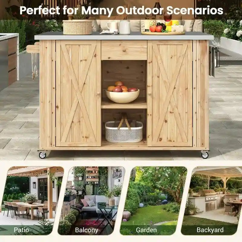 52.25 Outdoor Kitchen Island with Stainless Steel Top, Ample Storage Space, Towel and Spice Racks and a Bottle Opener