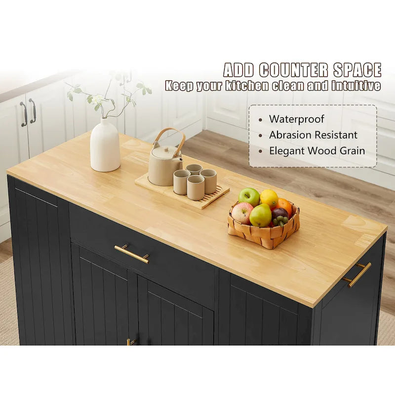 Kitchen Island with Tilt Out Trash Can Holder, Mobile Islands Table with Drawer, Adjustable Shelves & 3 Layer Open Side Racks
