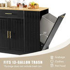 Kitchen Island with Tilt Out Trash Can Holder, Mobile Islands Table with Drawer, Adjustable Shelves & 3 Layer Open Side Racks