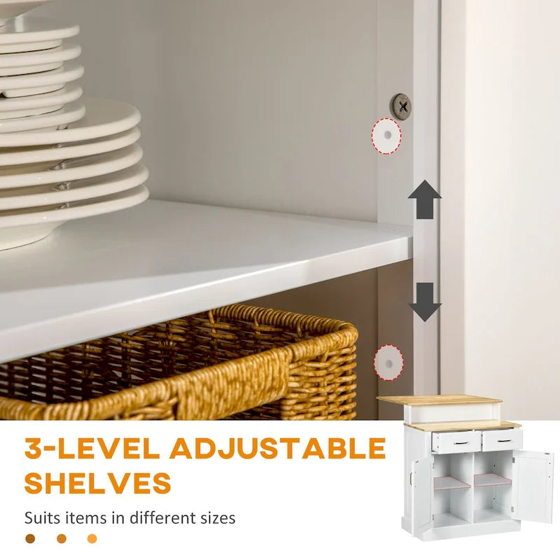 Kitchen Island with Storage Cabinet and 2-Level Rubber Wood Tabletop, Island Table with Adjustable Shelves and Drawers