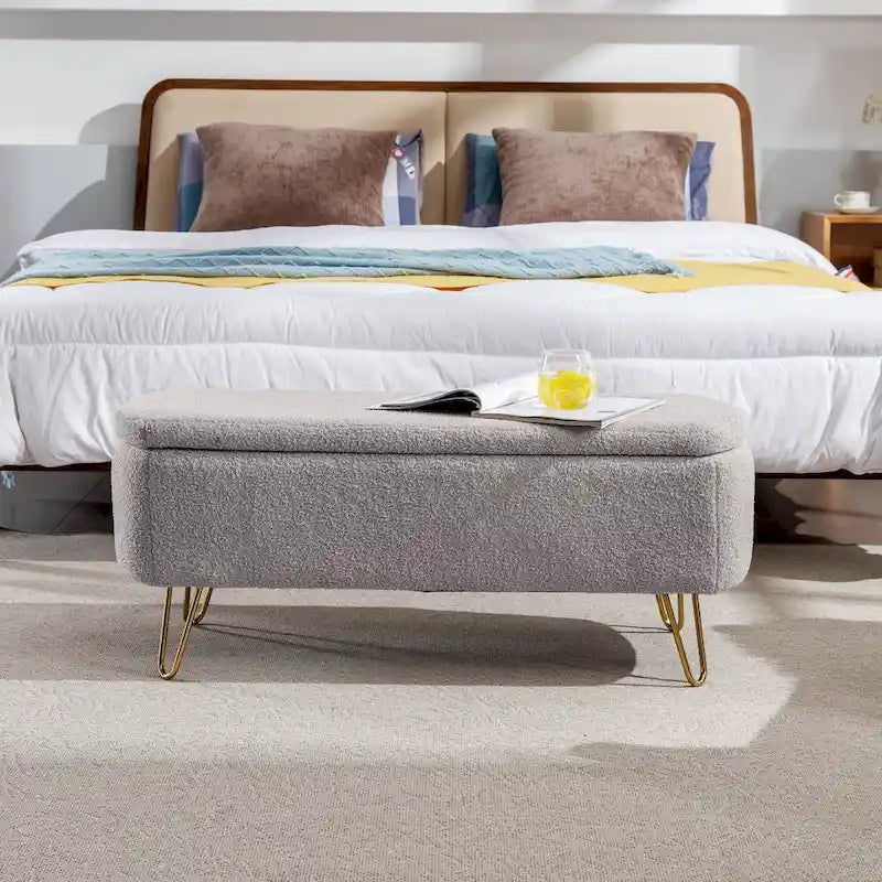 Faux Fur Entryway Bench Padded with Storage