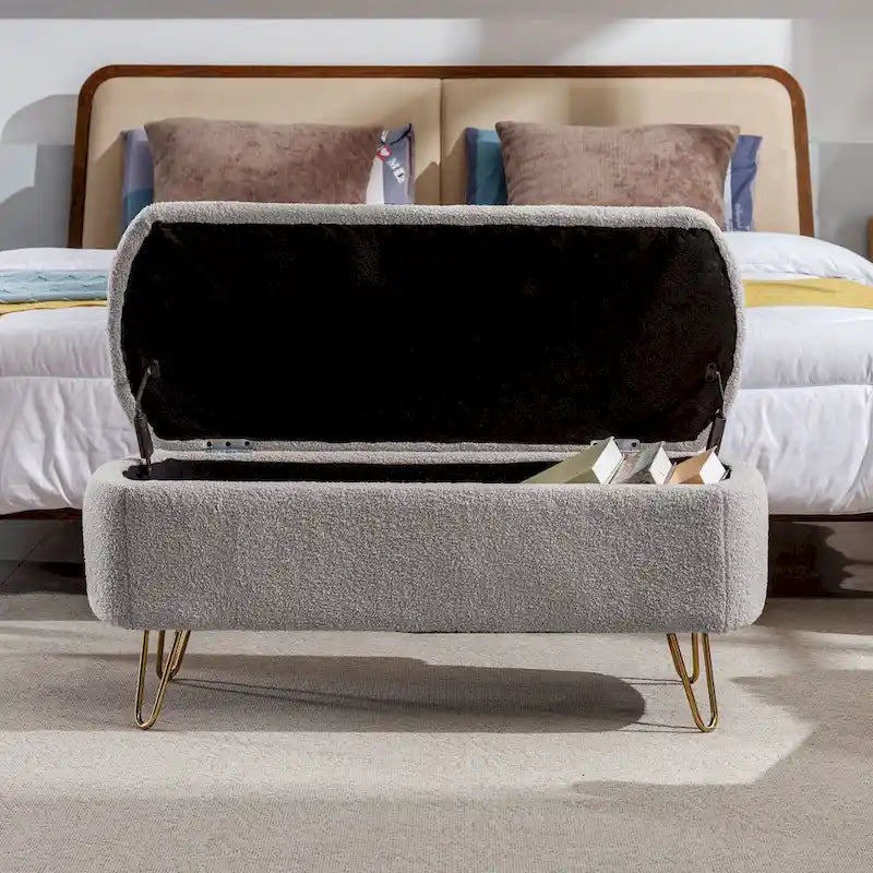 Faux Fur Entryway Bench Padded with Storage