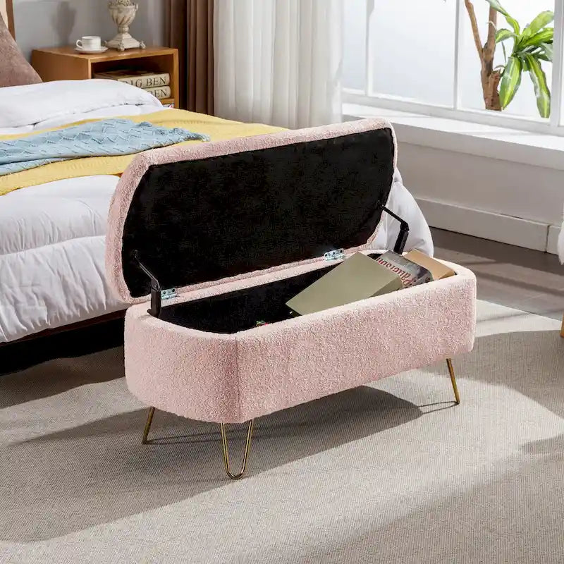 Faux Fur Entryway Bench Padded with Storage