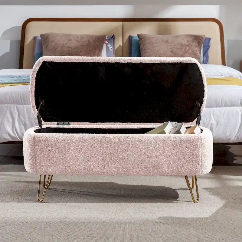 Faux Fur Entryway Bench Padded with Storage