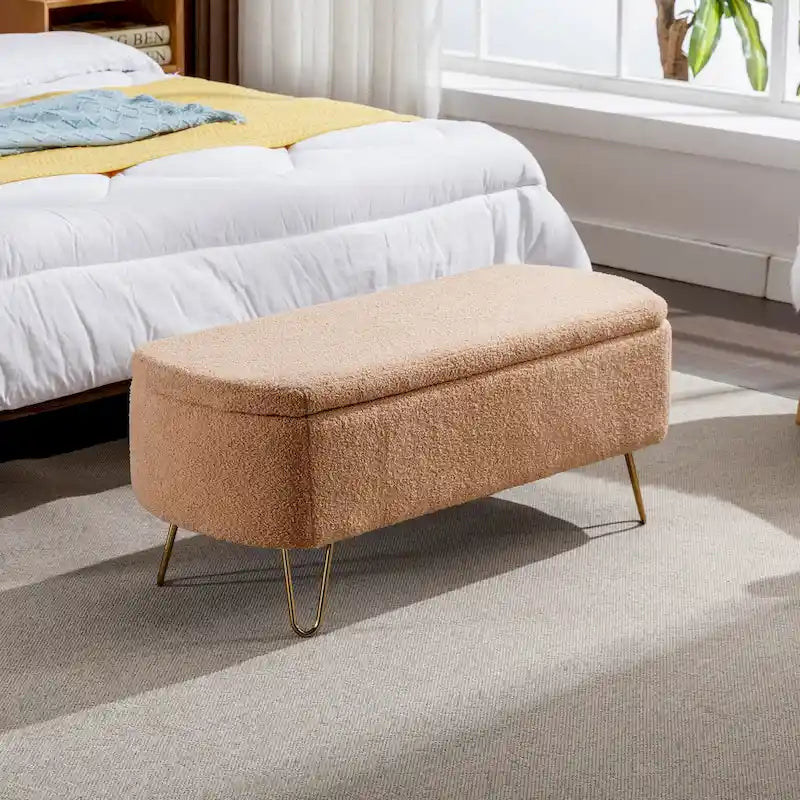 Faux Fur Entryway Bench Padded with Storage