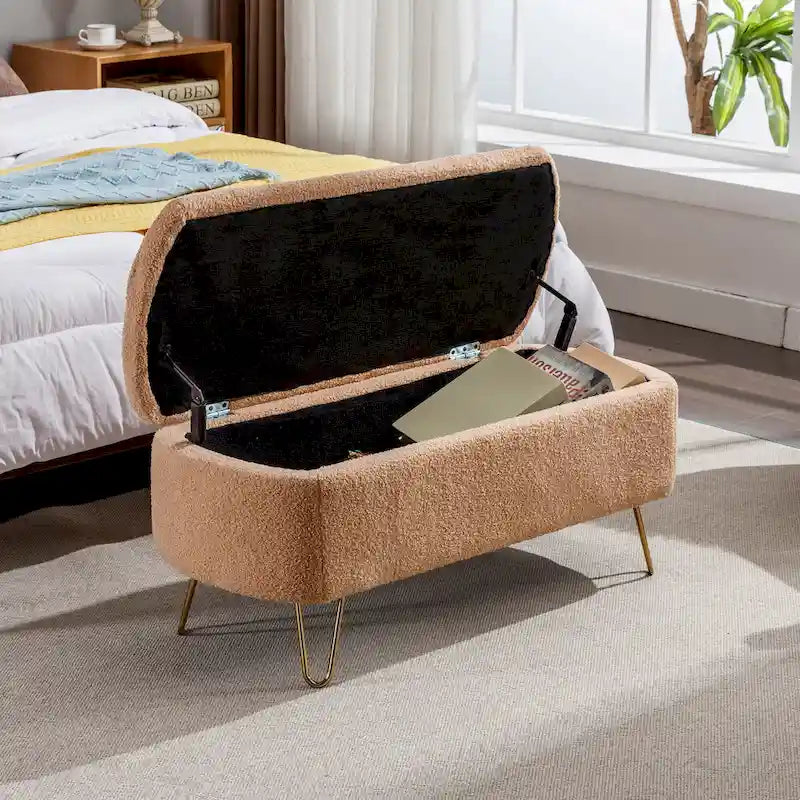 Faux Fur Entryway Bench Padded with Storage