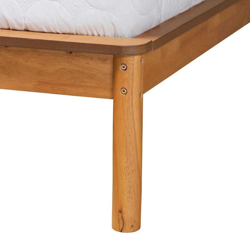 Mid-Century Modern Honey Oak Finished Wood Full Size Bed Frame