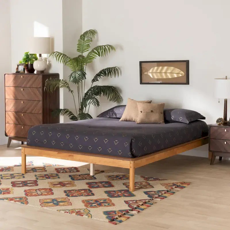 Mid-Century Modern Honey Oak Finished Wood Full Size Bed Frame