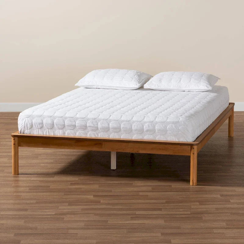 Mid-Century Modern Honey Oak Finished Wood Full Size Bed Frame