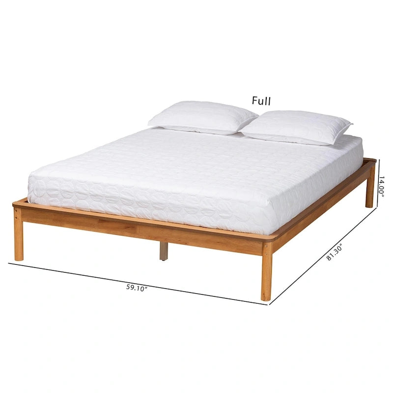 Mid-Century Modern Honey Oak Finished Wood Full Size Bed Frame
