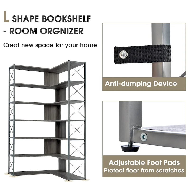 L-Shaped Corner 7-Tier Bookcase