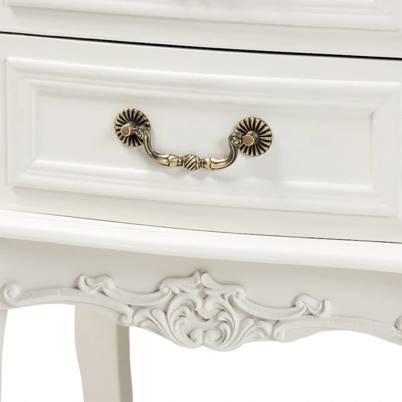 Antique French Country Cottage Two-Tone White and Oak Finished 2-Drawer Wood End Table