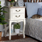 Antique French Country Cottage Two-Tone White and Oak Finished 2-Drawer Wood End Table