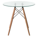 Round Clear Glass Top Accent Dining Table with 4 Beech Solid Wood Legs