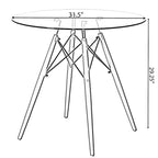 Round Clear Glass Top Accent Dining Table with 4 Beech Solid Wood Legs