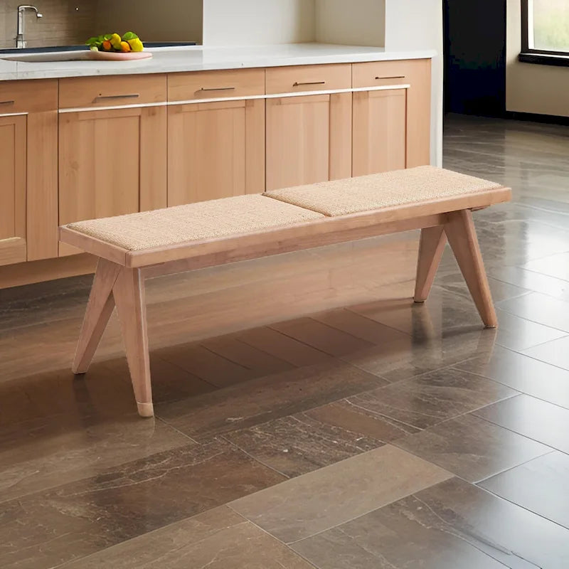 51 Inch Dining Bench, Transitional Woven Rattan, Natural Brown Wood