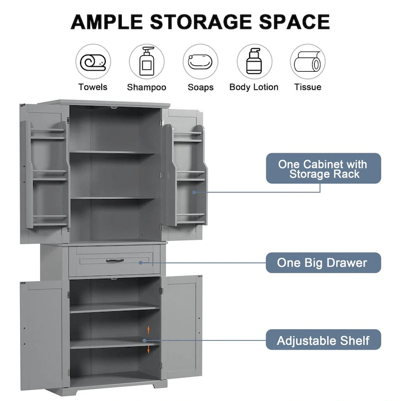 Tall Bathroom Storage Cabinet with Drawers and Adjustable Shelf