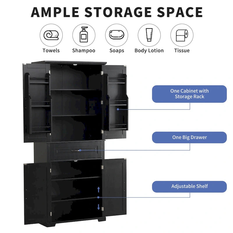 Tall Bathroom Storage Cabinet with Drawers and Adjustable Shelf