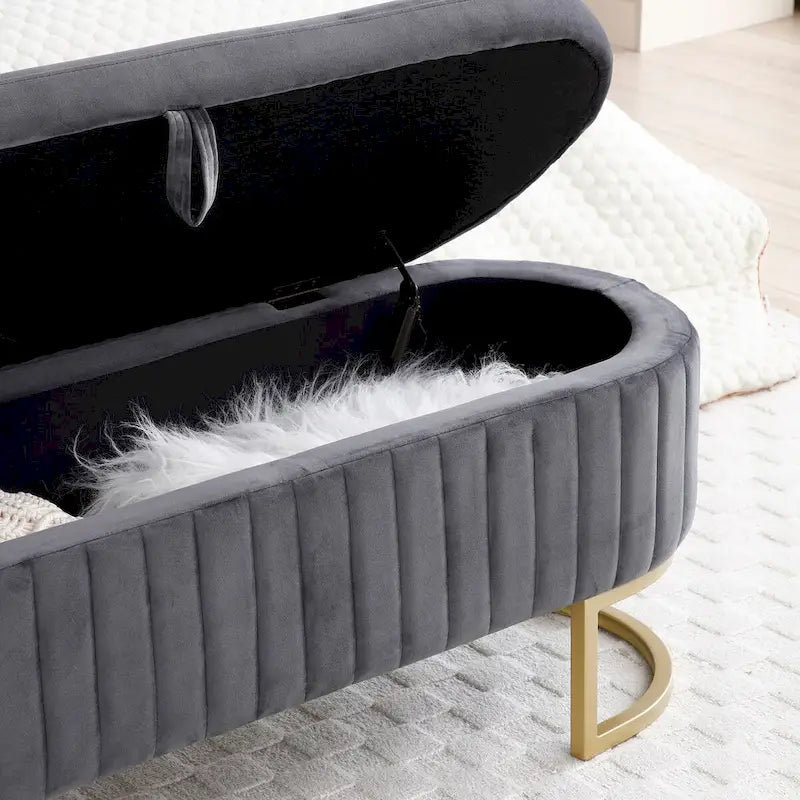Storage Bench Bedroom Bench, Velvet Oval Upholstered End of Bed Bench with Golden Metal Legs, 50 Storage Ottoman Bench