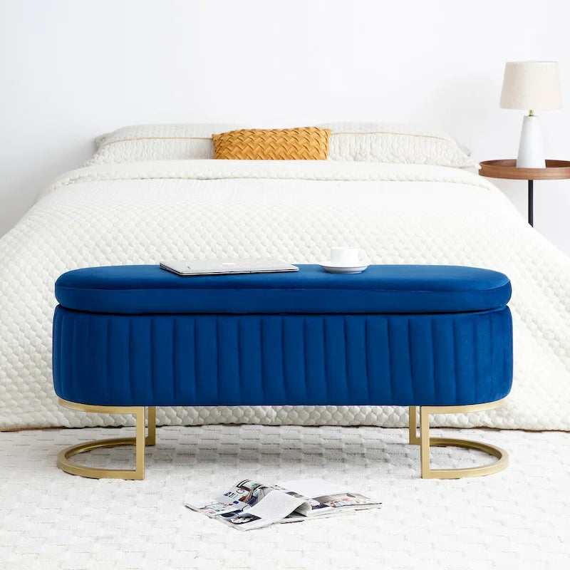 Storage Bench Bedroom Bench, Velvet Oval Upholstered End of Bed Bench with Golden Metal Legs, 50 Storage Ottoman Bench
