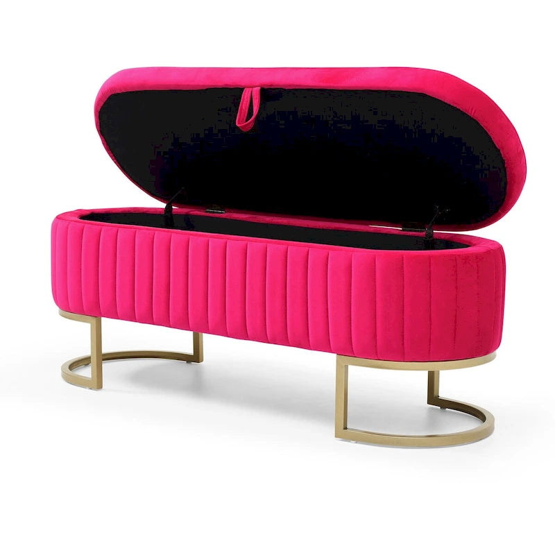 Storage Bench Bedroom Bench, Velvet Oval Upholstered End of Bed Bench with Golden Metal Legs, 50 Storage Ottoman Bench