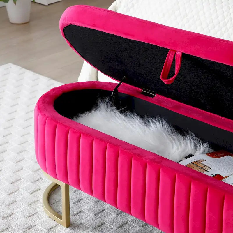 Storage Bench Bedroom Bench, Velvet Oval Upholstered End of Bed Bench with Golden Metal Legs, 50 Storage Ottoman Bench