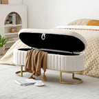 Storage Bench Bedroom Bench, Velvet Oval Upholstered End of Bed Bench with Golden Metal Legs, 50 Storage Ottoman Bench